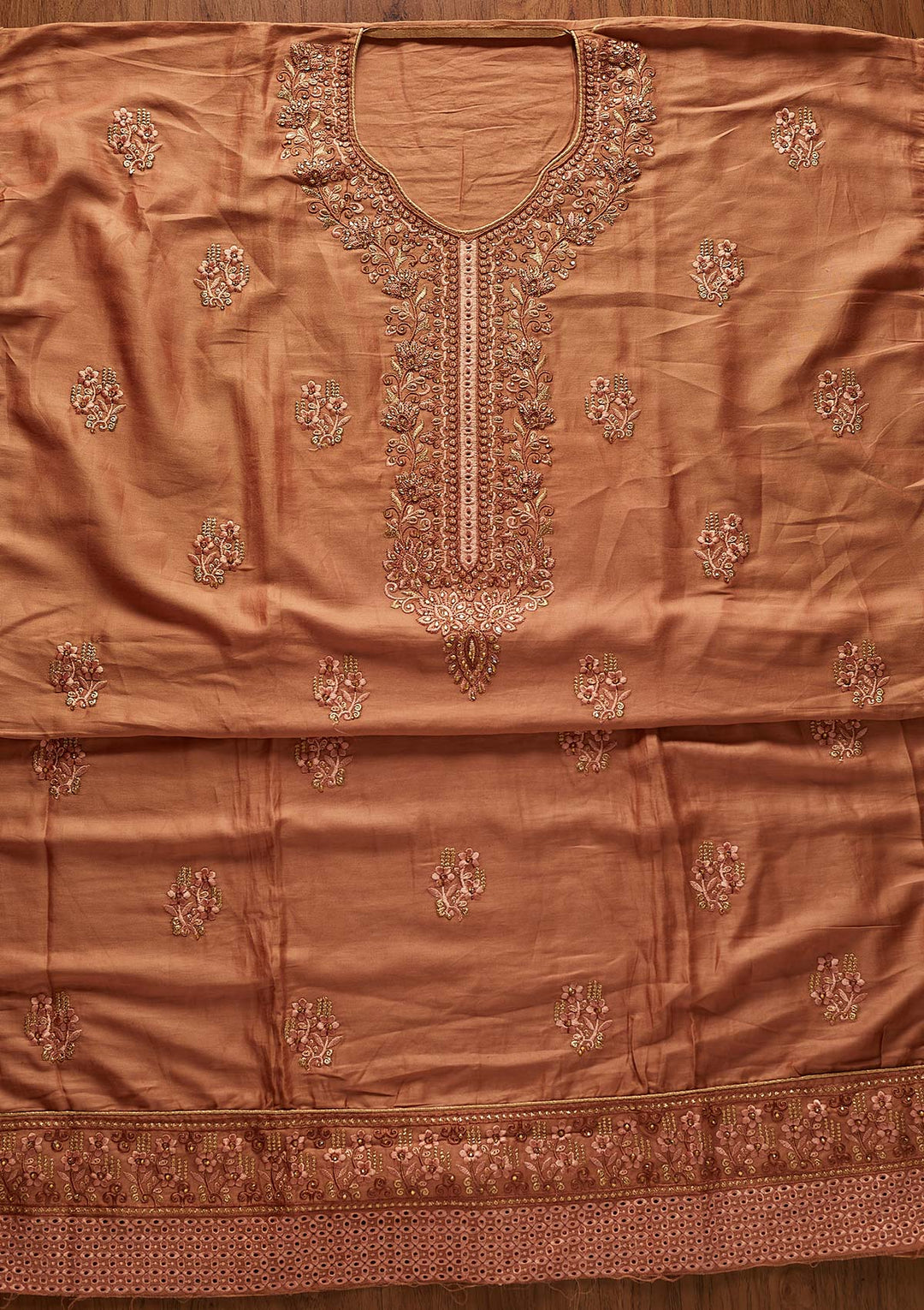 Copper Threadwork Chanderi Designer Unstitched Salwar Suit - koskii