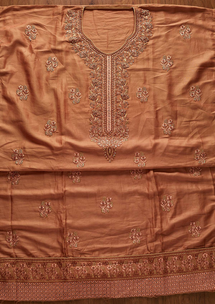 Copper Threadwork Chanderi Designer Unstitched Salwar Suit - koskii