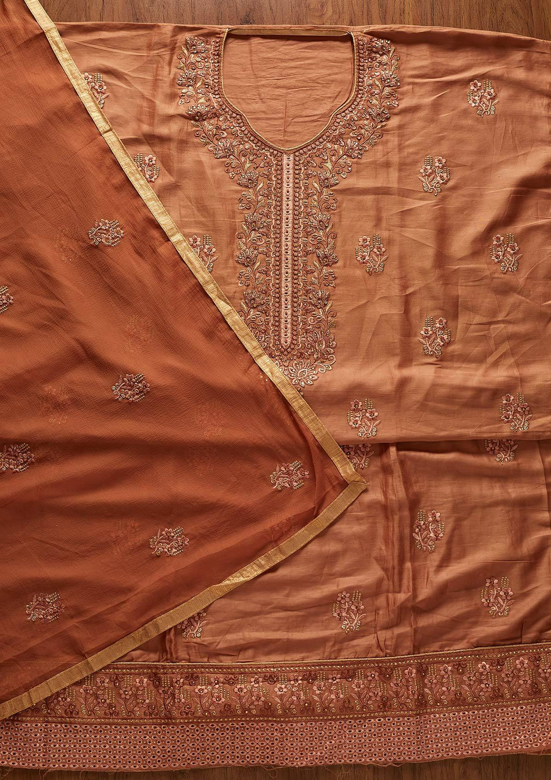 Copper Threadwork Chanderi Designer Unstitched Salwar Suit - koskii