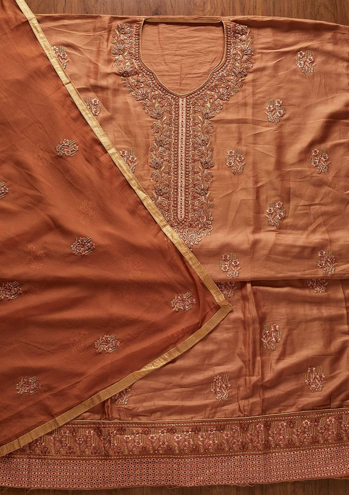 Copper Threadwork Chanderi Designer Unstitched Salwar Suit - koskii