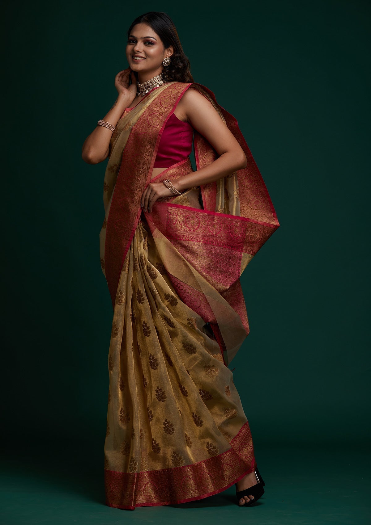 Copper Zariwork Tissue Saree- Koskii