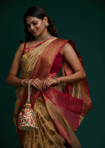 Copper Zariwork Tissue Saree - Koskii