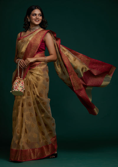 Copper Zariwork Tissue Saree - Koskii