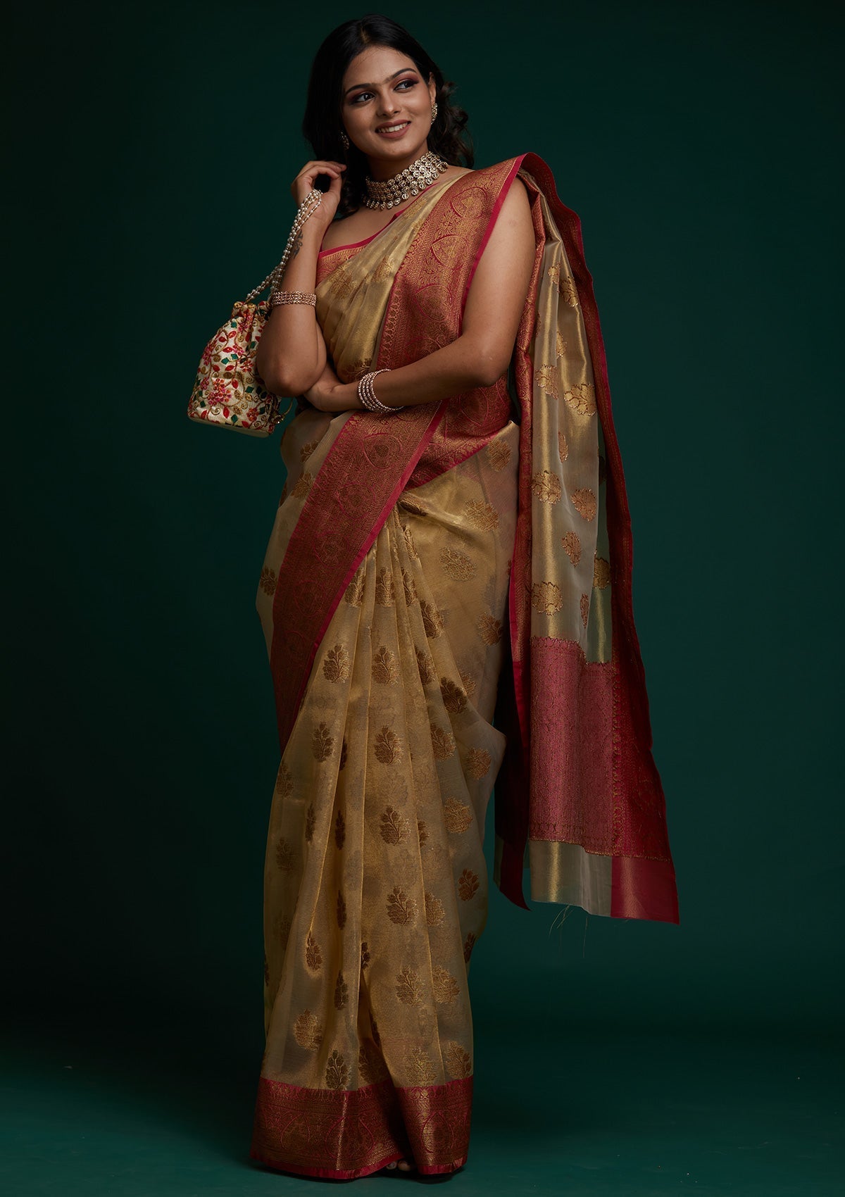 Copper Zariwork Tissue Saree - Koskii