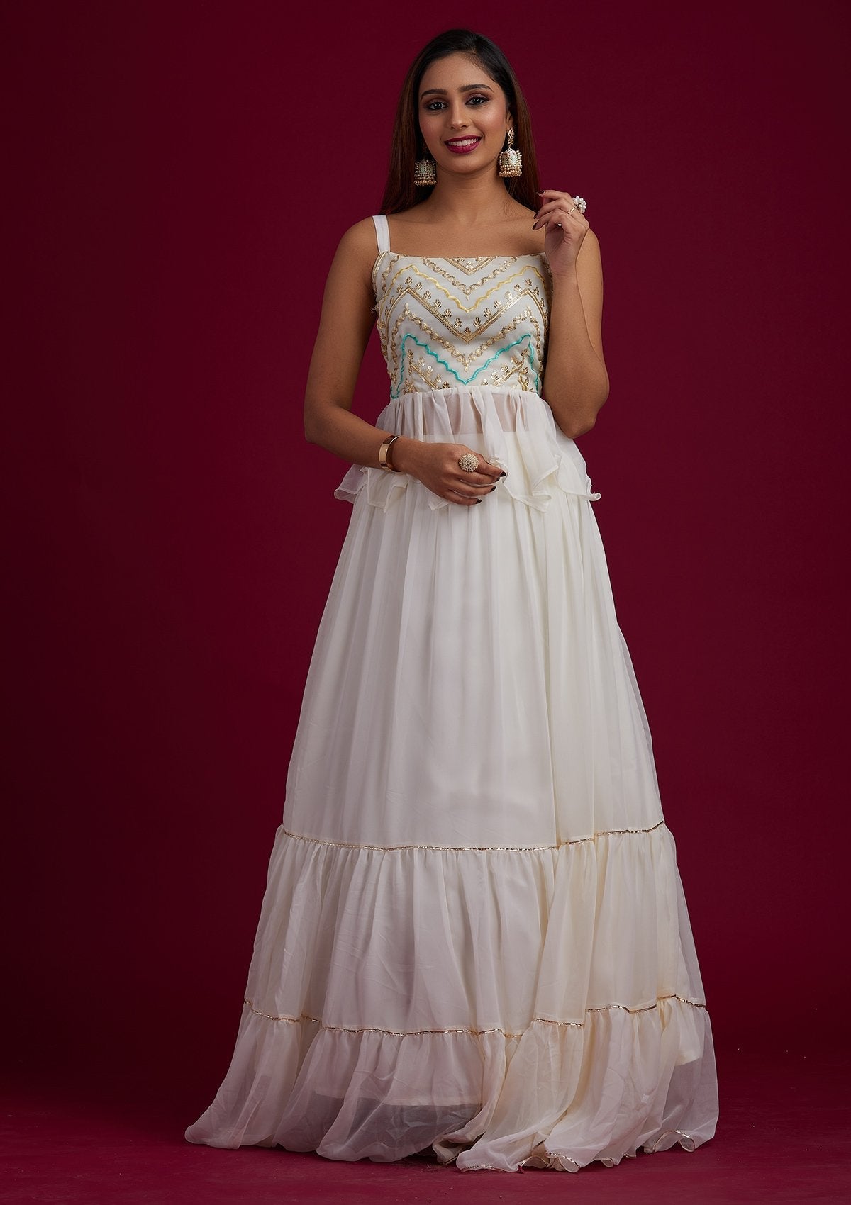 Cream Chikankari Georgette Designer Lehenga - koskii