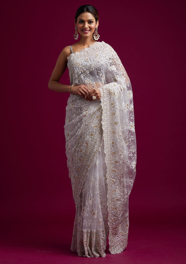 Cream Cutdana Net Designer Saree - koskii