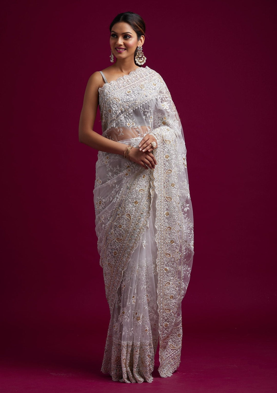 Cream Cutdana Net Designer Saree - koskii