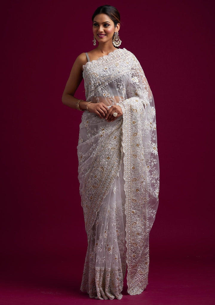 Cream Cutdana Net Designer Saree - koskii