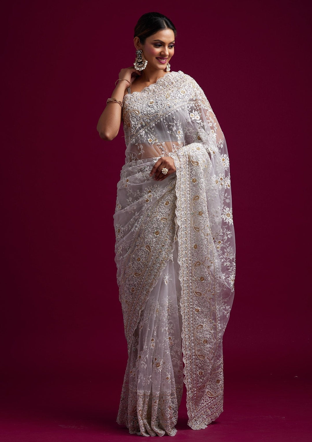 Cream Cutdana Net Designer Saree - koskii