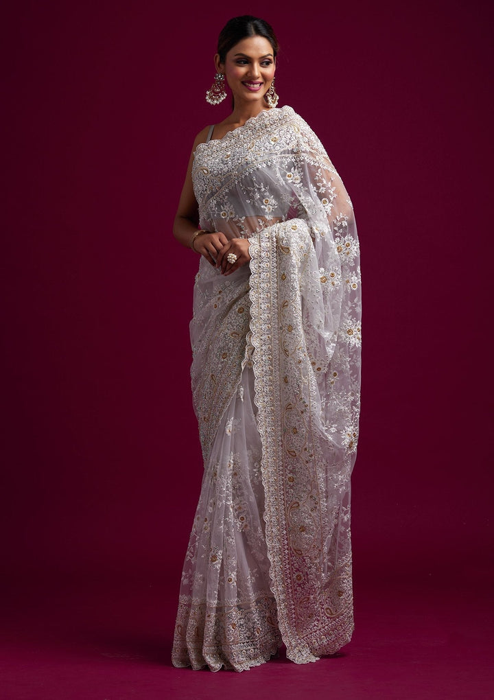 Cream Cutdana Net Designer Saree - koskii