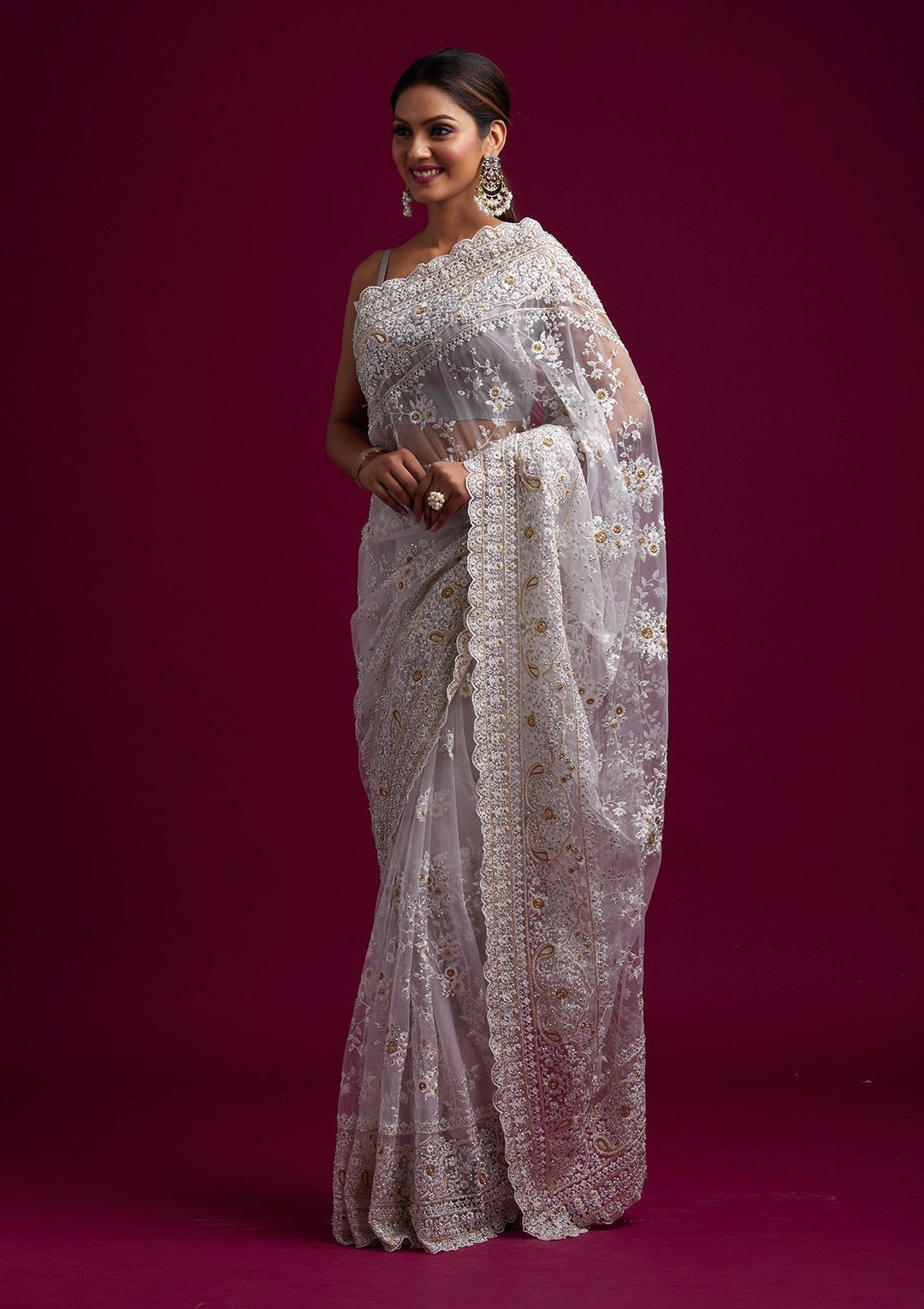 Cream Cutdana Net Designer Saree - koskii