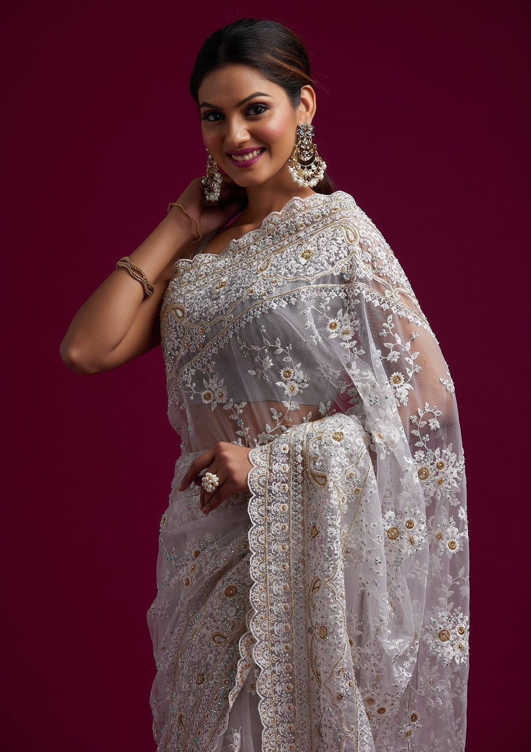 Cream Cutdana Net Designer Saree - koskii