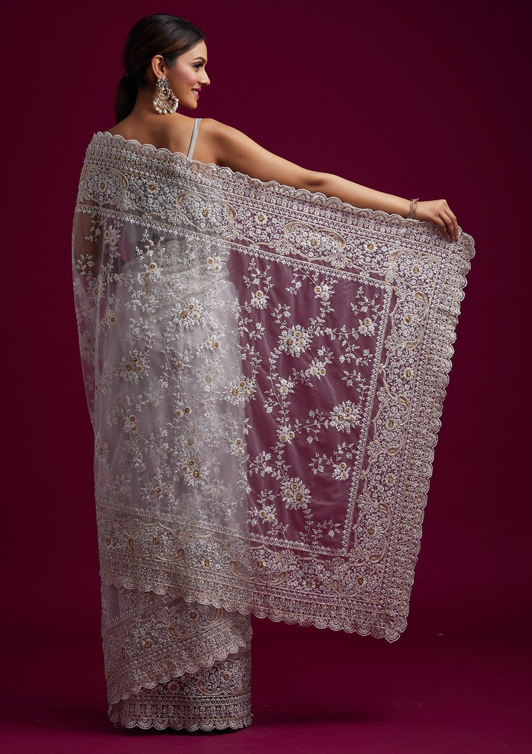 Cream Cutdana Net Designer Saree - koskii