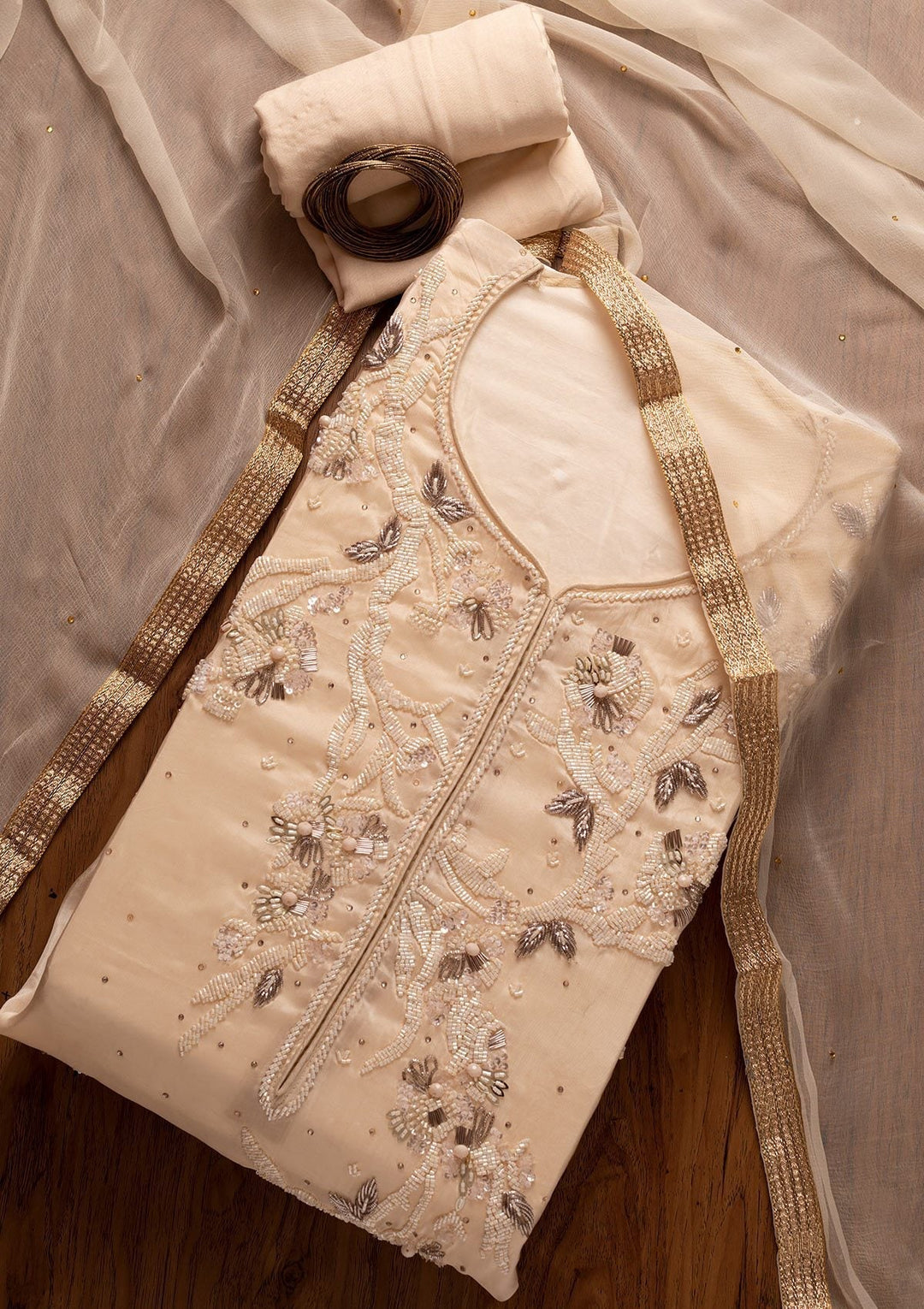 Cream Cutdana Semi Crepe Designer Semi-Stitched Salwar Suit - koskii
