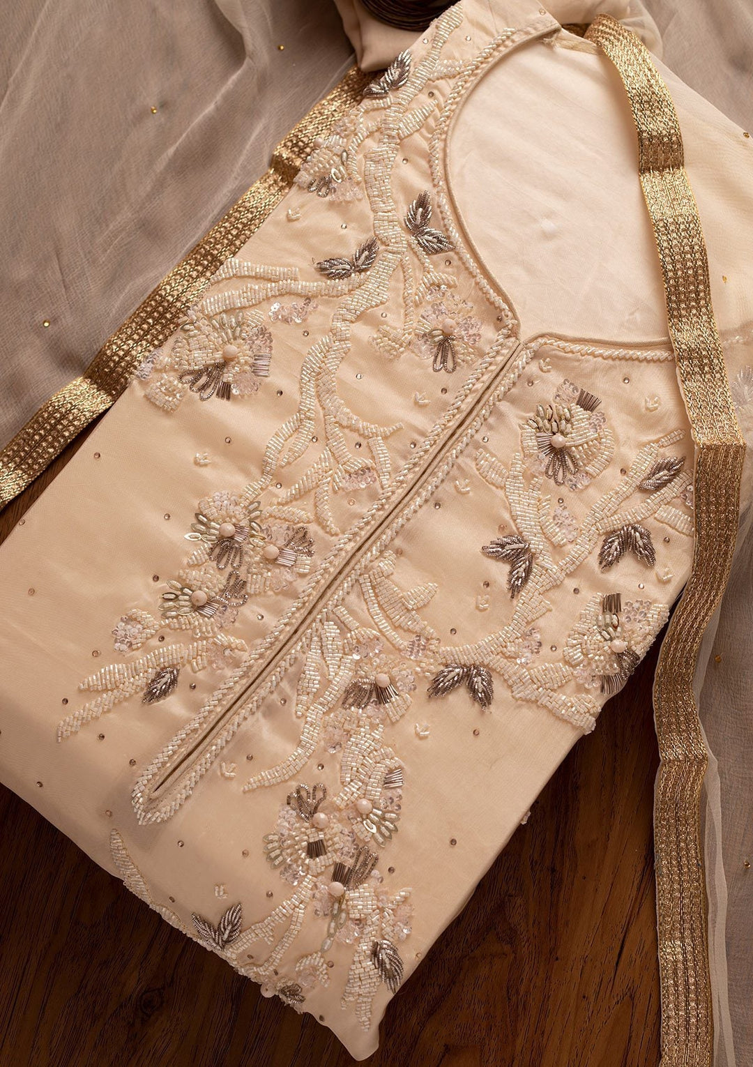 Cream Cutdana Semi Crepe Designer Semi-Stitched Salwar Suit - koskii