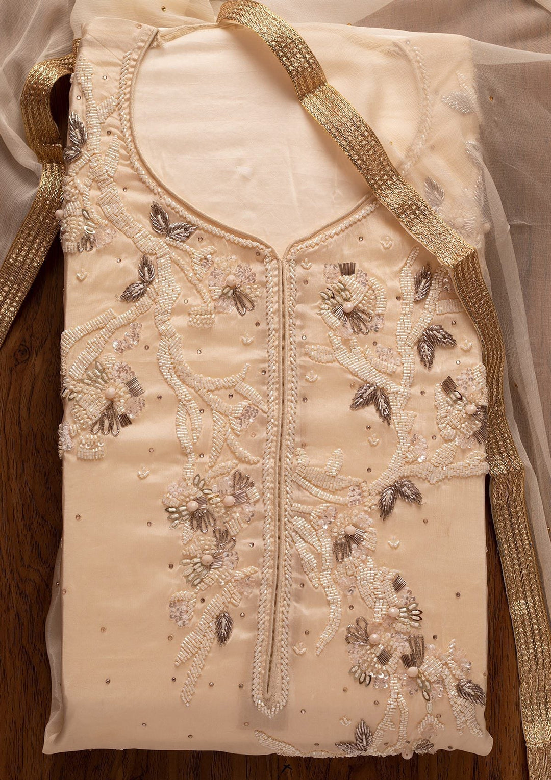 Cream Cutdana Semi Crepe Designer Semi-Stitched Salwar Suit - koskii