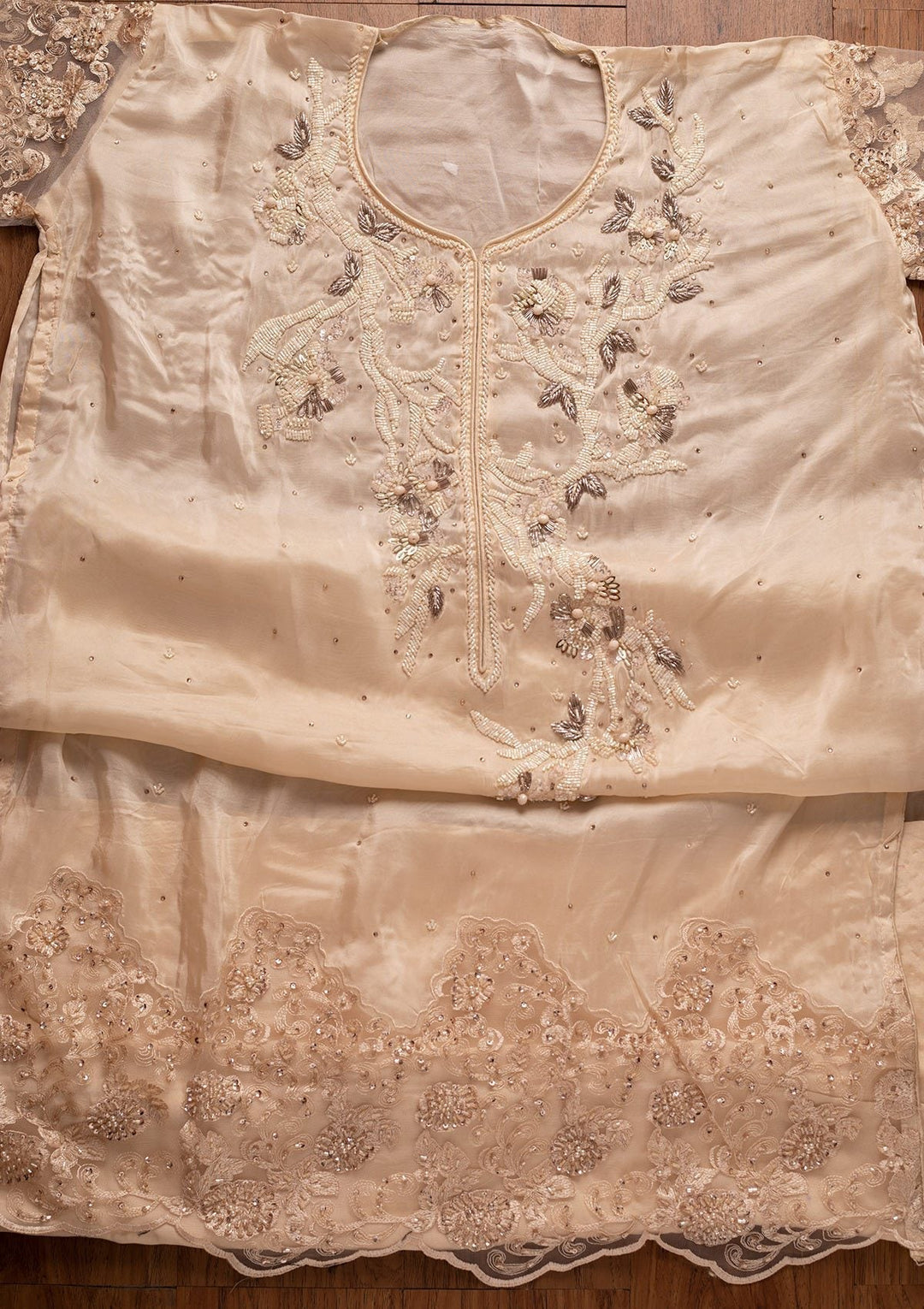 Cream Cutdana Semi Crepe Designer Semi-Stitched Salwar Suit - koskii