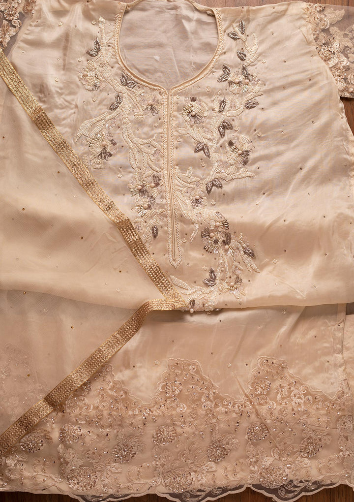 Cream Cutdana Semi Crepe Designer Semi-Stitched Salwar Suit - koskii