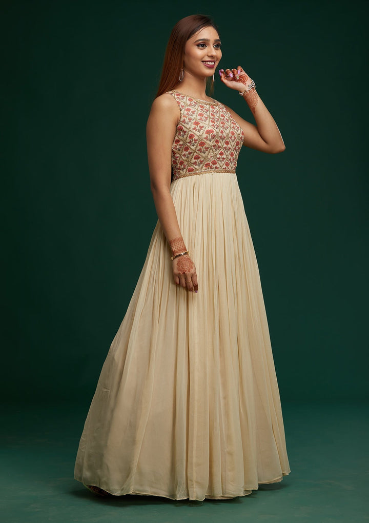 Cream Gotapatti Georgette Designer Anarkali Suit - Koskii