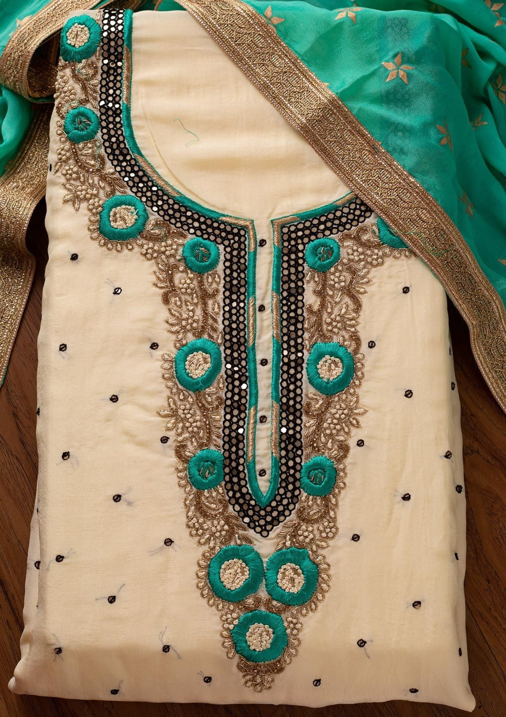 Cream Mirrorwork Chanderi Designer Unstitched Salwar Suit - koskii