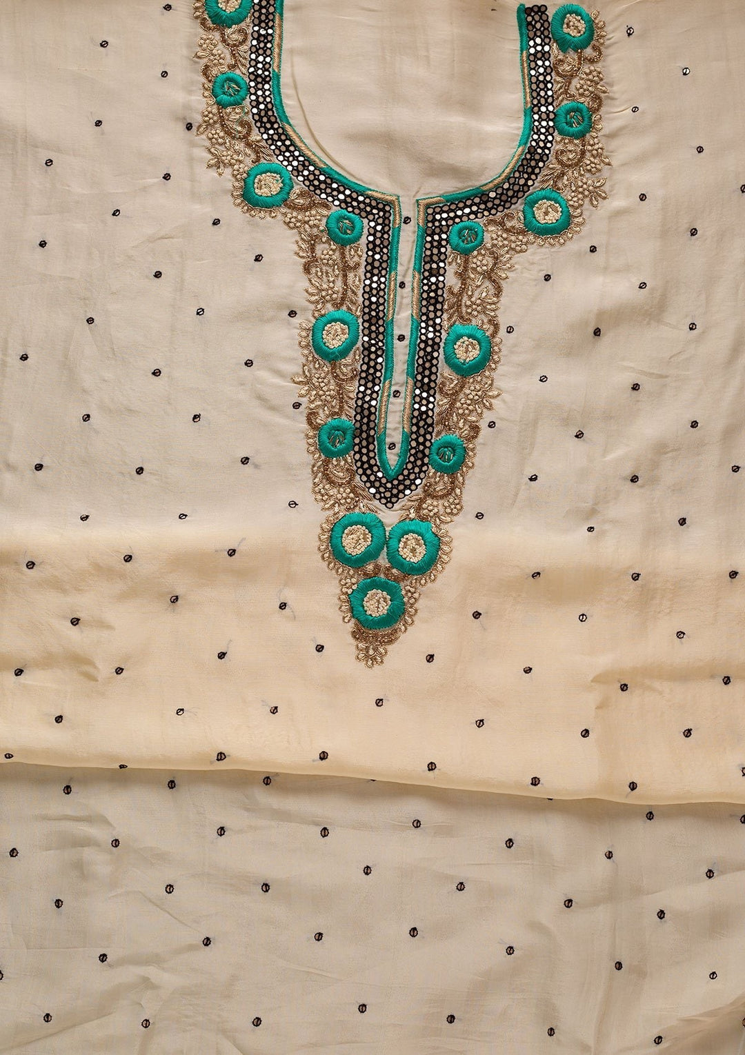 Cream Mirrorwork Chanderi Designer Unstitched Salwar Suit - koskii