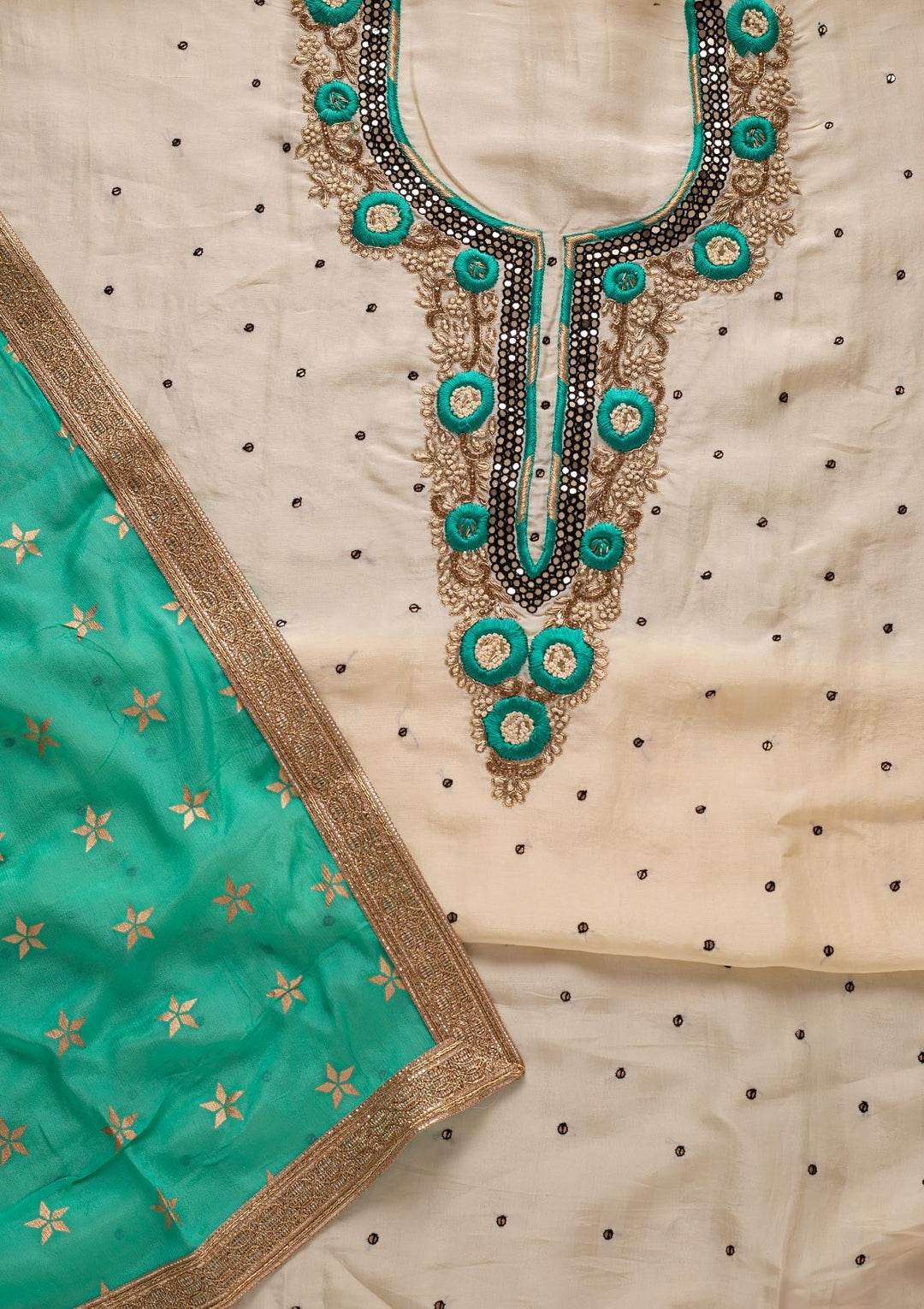 Cream Mirrorwork Chanderi Designer Unstitched Salwar Suit - koskii