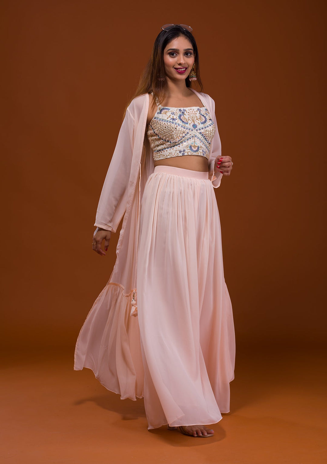 Cream Mirrorwork Georgette Salwar Suit-Koskii