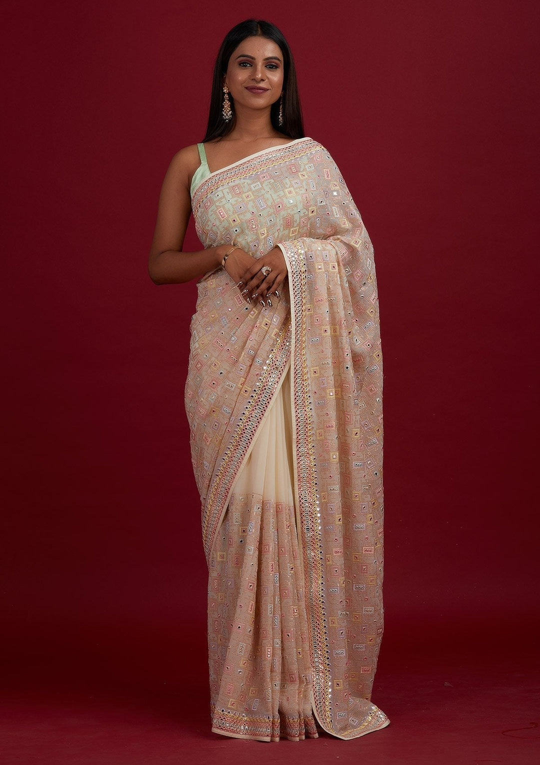 Cream Mirrorwork Georgette Designer Saree - Koskii