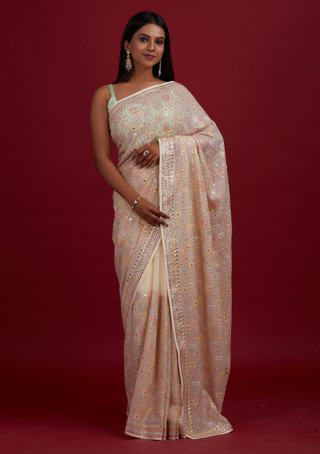 Cream Mirrorwork Georgette Designer Saree - Koskii
