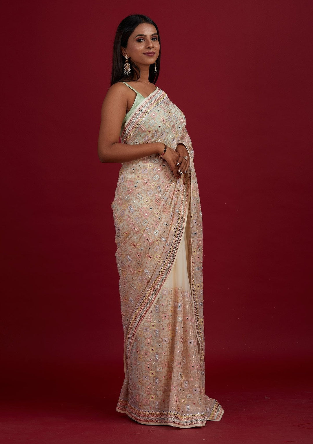 Cream Mirrorwork Georgette Designer Saree - Koskii