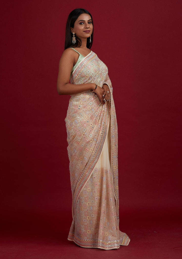 Cream Mirrorwork Georgette Designer Saree - Koskii