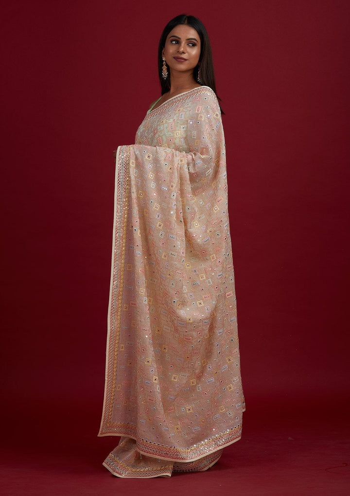 Cream Mirrorwork Georgette Designer Saree - Koskii
