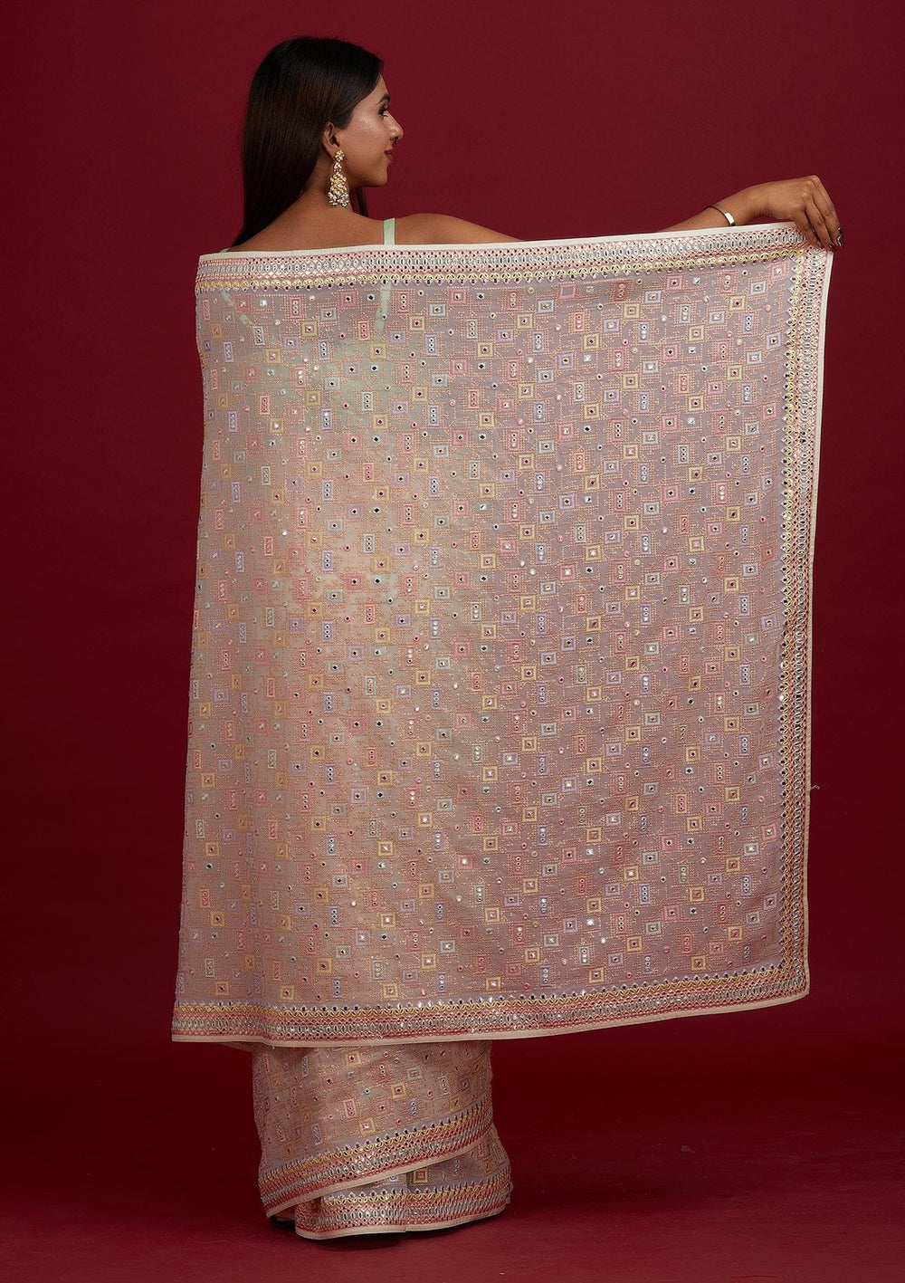 Cream Mirrorwork Georgette Designer Saree - Koskii