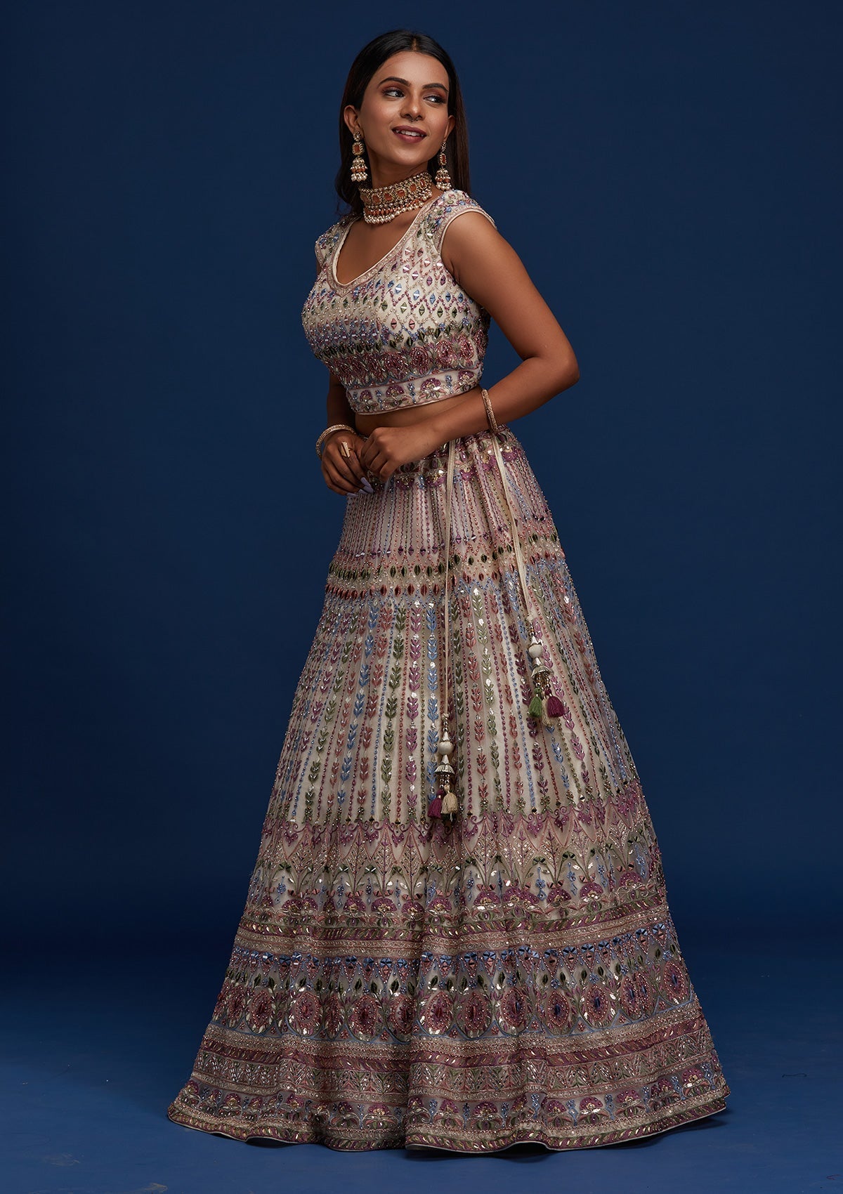 Cream Mirrorwork Net Designer Lehenga - Koskii