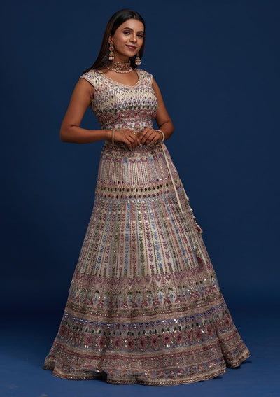 Cream Mirrorwork Net Designer Lehenga - Koskii