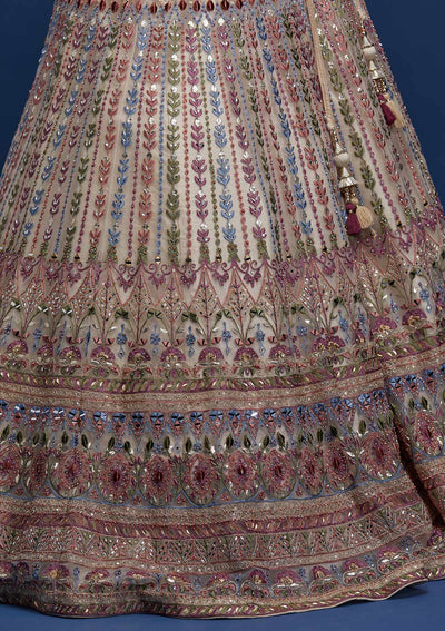 Cream Mirrorwork Net Designer Lehenga - Koskii