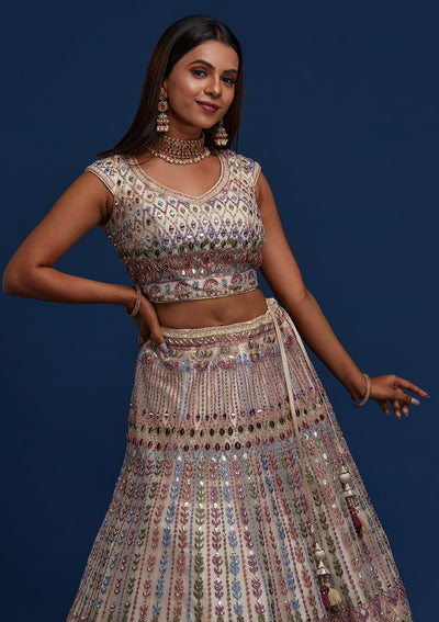Cream Mirrorwork Net Designer Lehenga - Koskii