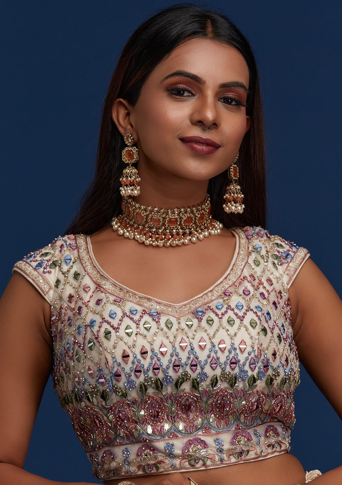 Cream Mirrorwork Net Designer Lehenga - Koskii