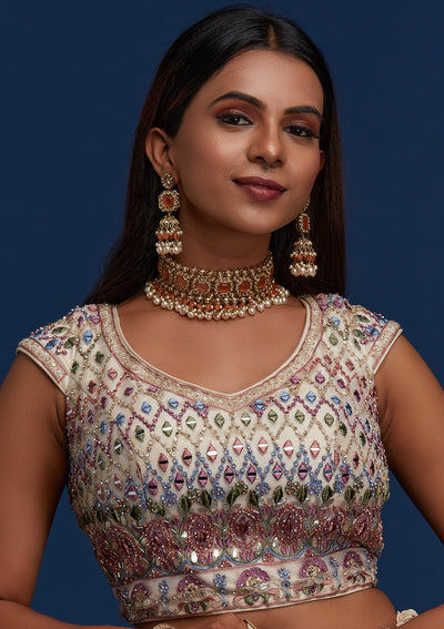 Cream Mirrorwork Net Designer Lehenga - Koskii