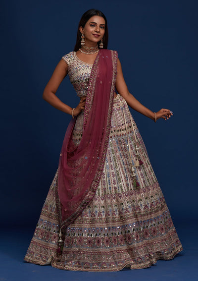 Cream Mirrorwork Net Designer Lehenga - Koskii