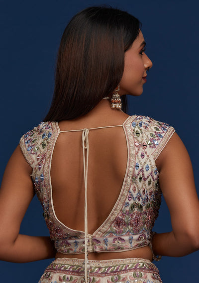 Cream Mirrorwork Net Designer Lehenga - Koskii