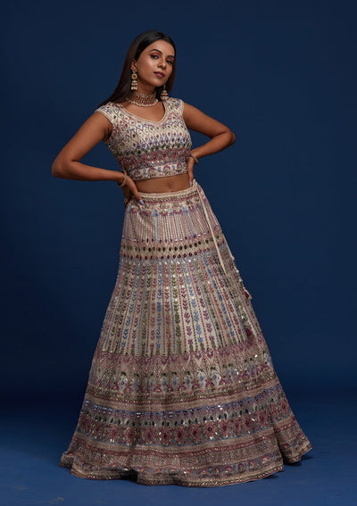 Cream Mirrorwork Net Designer Lehenga - Koskii