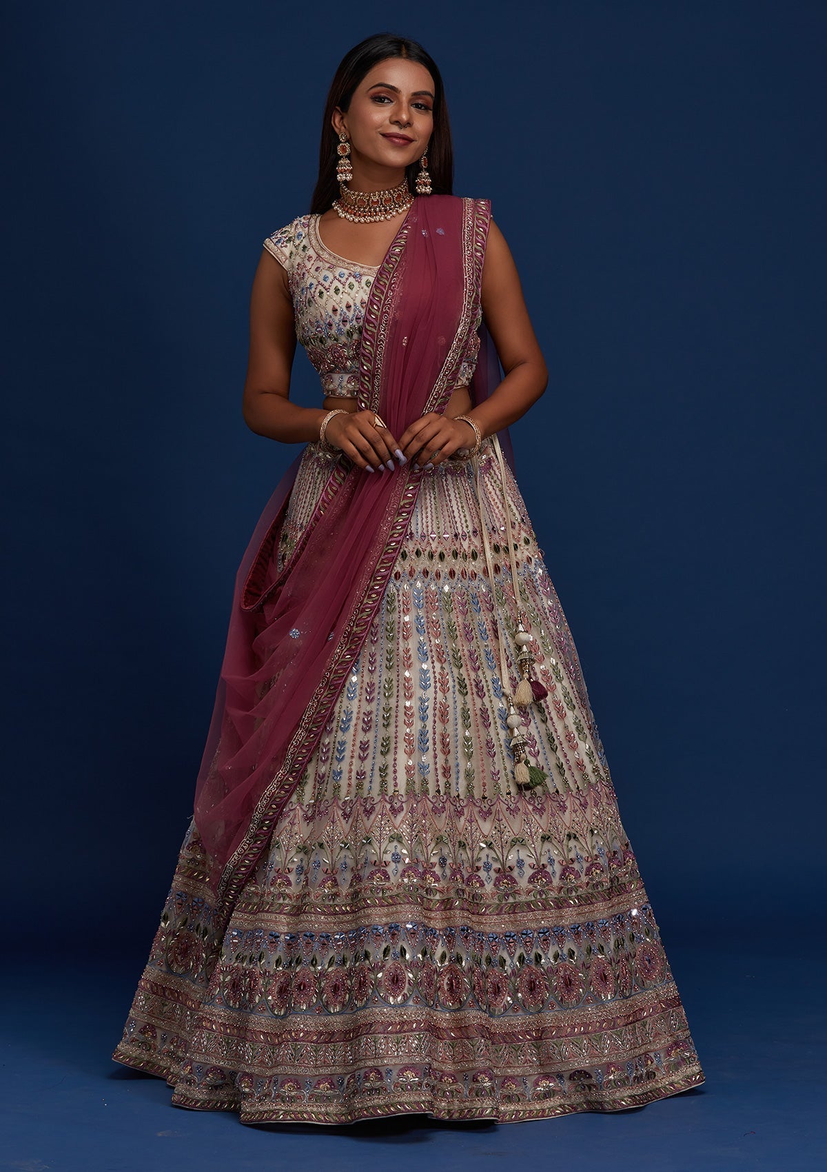 Cream Mirrorwork Net Designer Lehenga - Koskii
