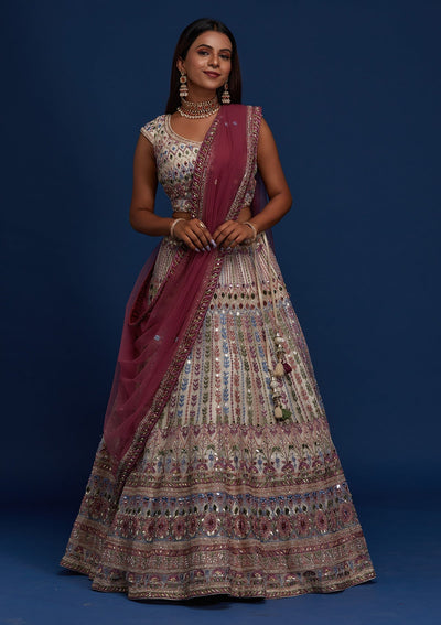 Cream Mirrorwork Net Designer Lehenga - Koskii