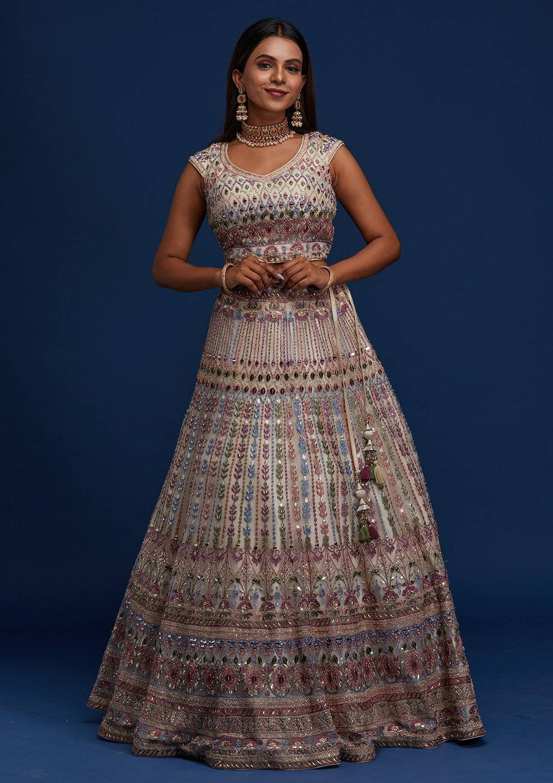 Cream Mirrorwork Net Designer Lehenga - Koskii