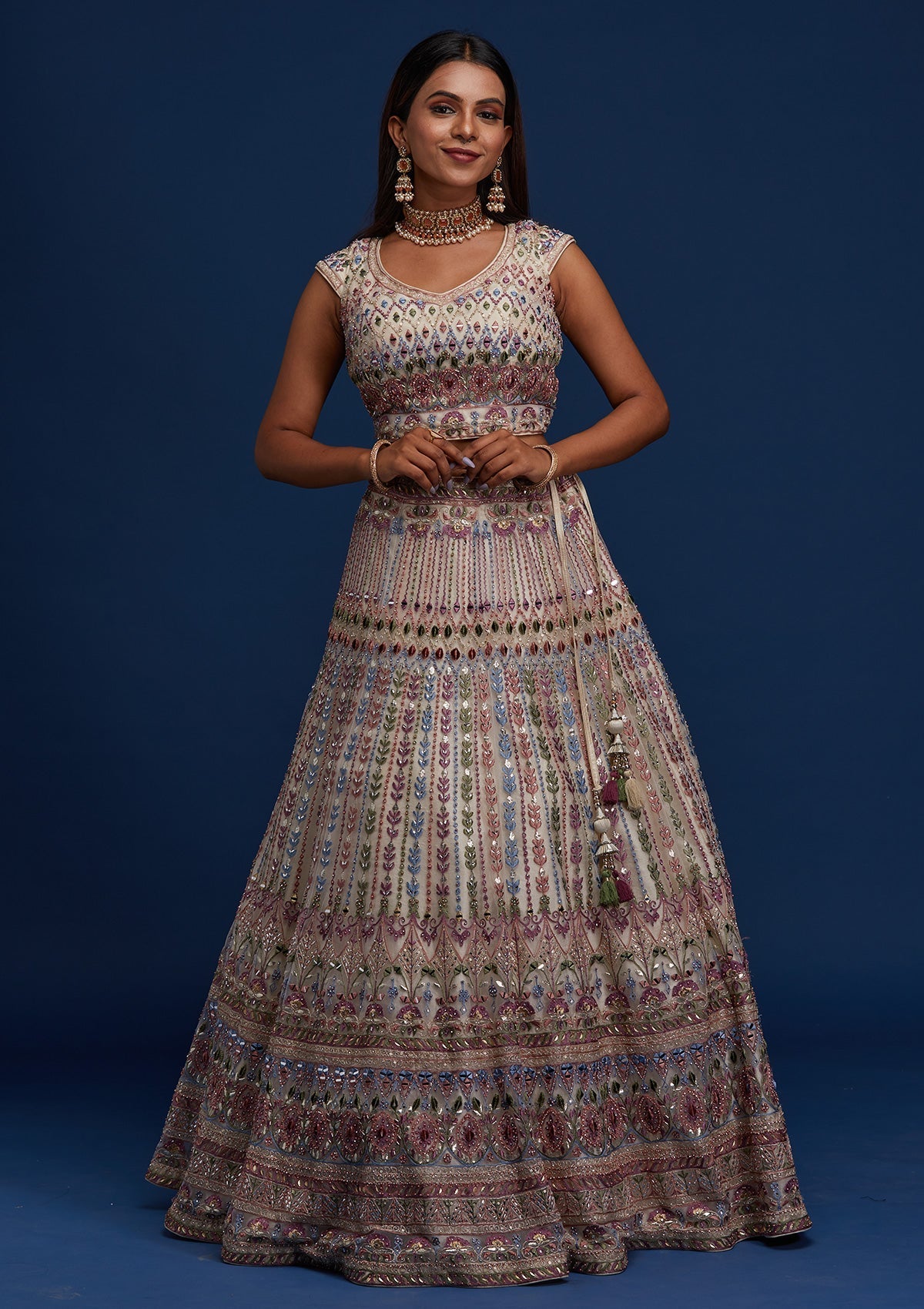 Cream Mirrorwork Net Designer Lehenga - Koskii