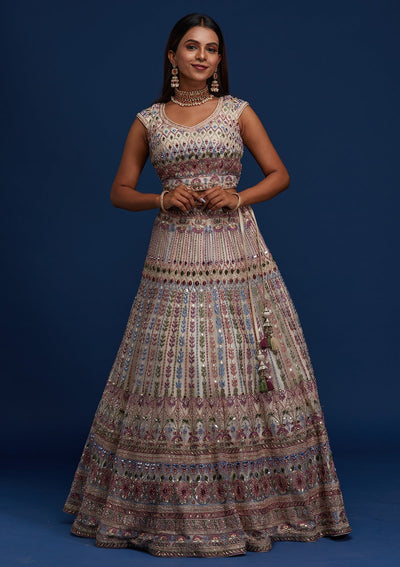 Cream Mirrorwork Net Designer Lehenga - Koskii
