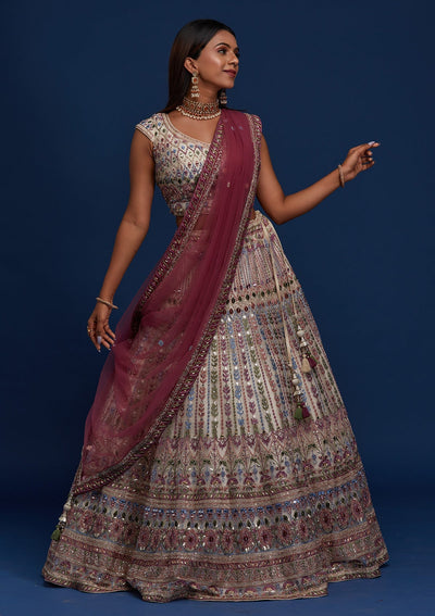 Cream Mirrorwork Net Designer Lehenga - Koskii