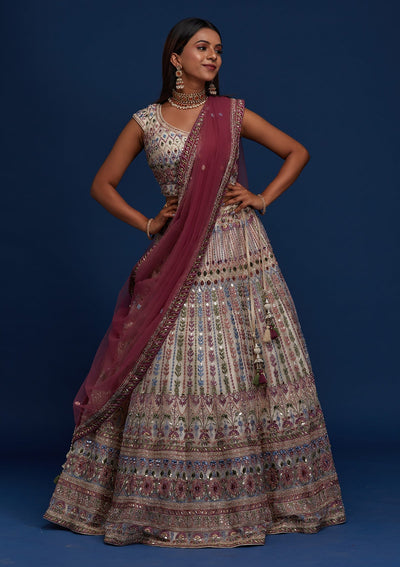 Cream Mirrorwork Net Designer Lehenga - Koskii