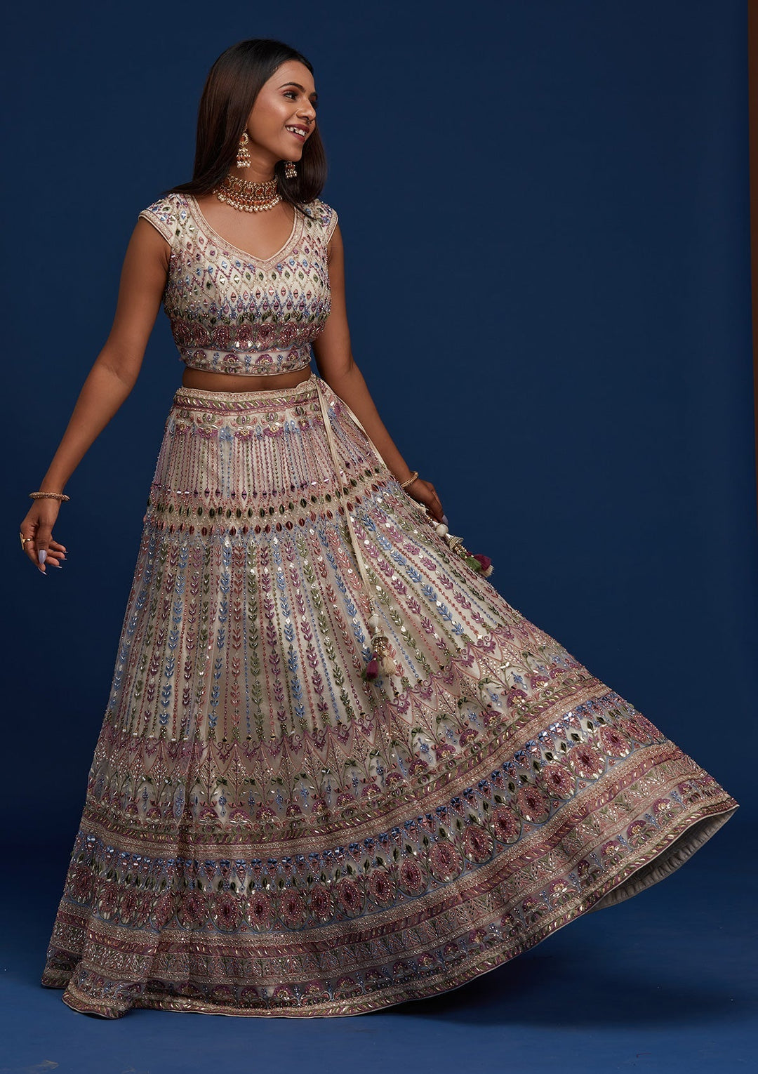 Cream Mirrorwork Net Designer Lehenga - Koskii